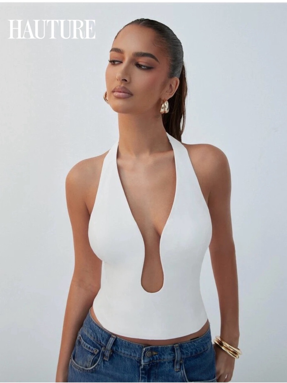 SHEIN White Deep Plunge Halter Camisole